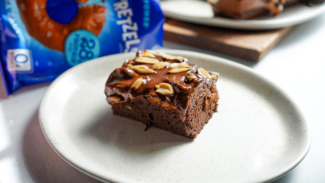 Caramel Chocolate Peanut Protein Pretzel Brownies