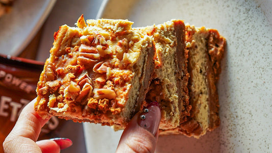 Cinnamon Pecan Protein Pretzel Cheesecake Bars | Crisp Power