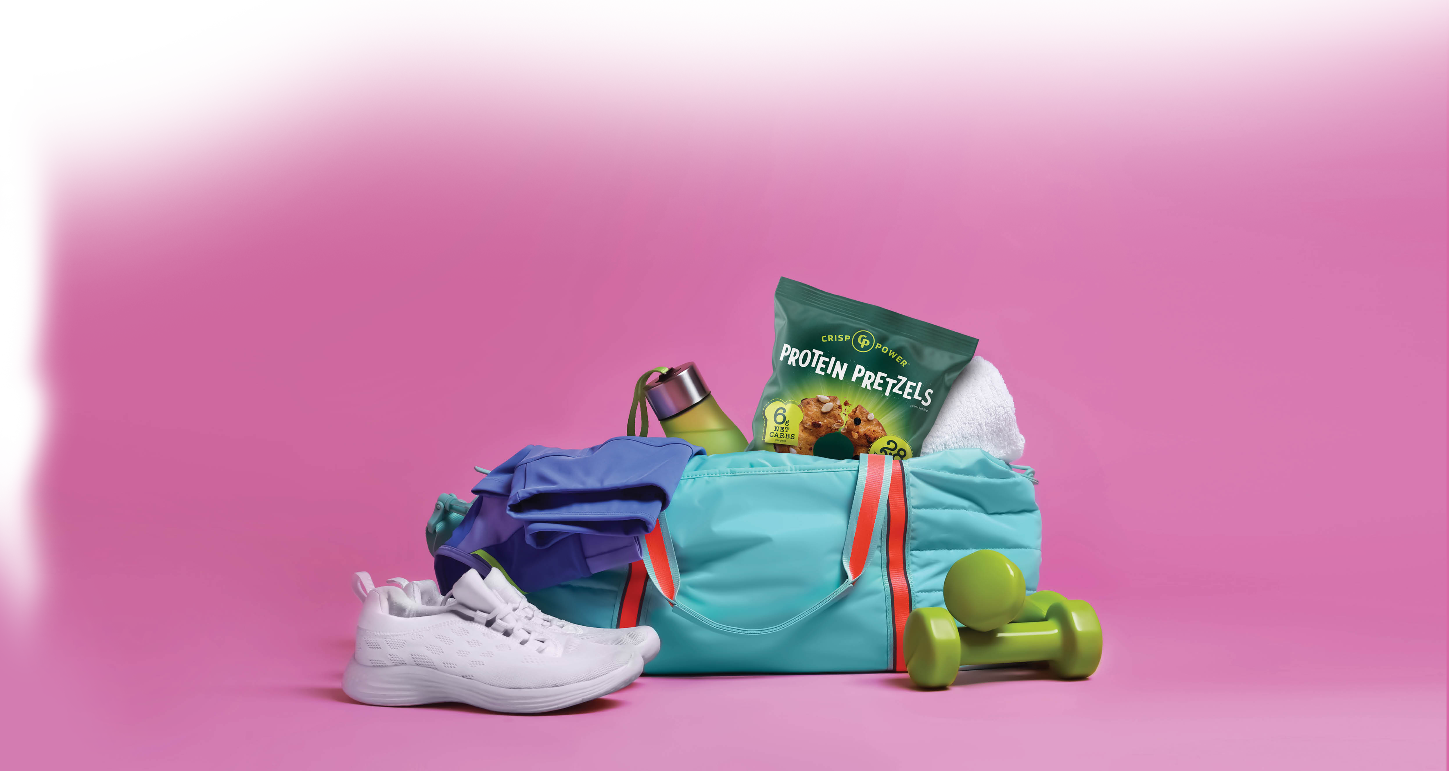 a bag with sports equipment and a pack of crisp power