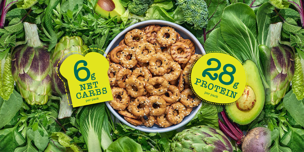 pretzels - 6g net carbs per pack, 28g protein per pack