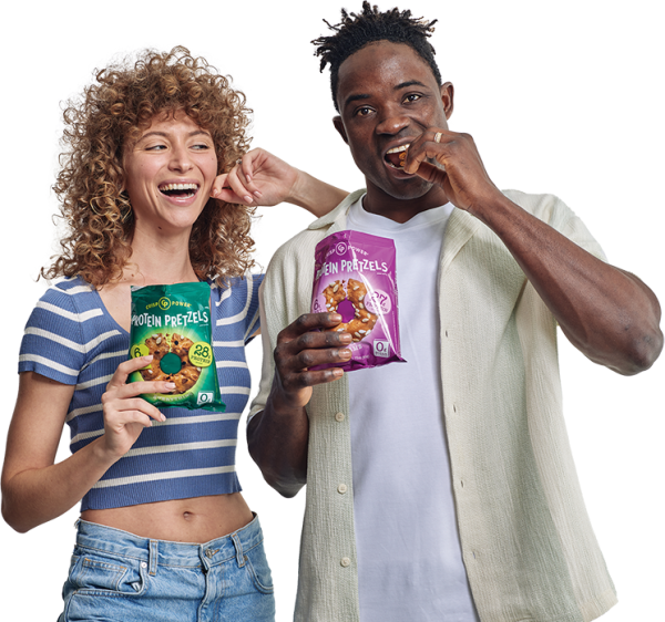 2 models eating crisp power pretzels